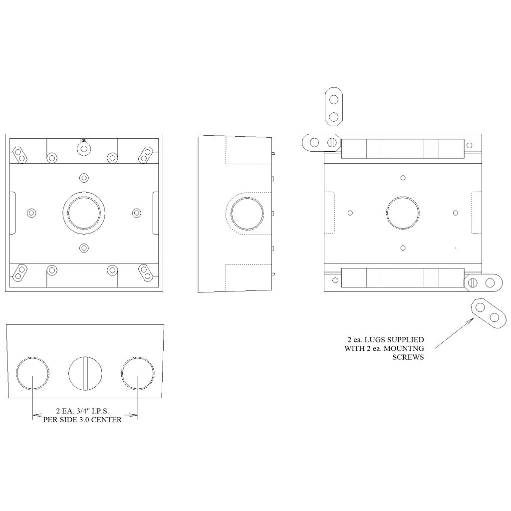 2-gang weatherproof box with seven 3/4 inch outlets - 2 in each end, 1 ...